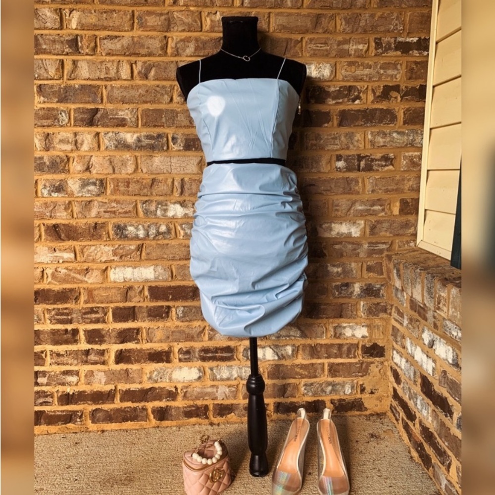 FAUX LEATHER RUCHED SKIRT & CROP TOP MATCHING SET